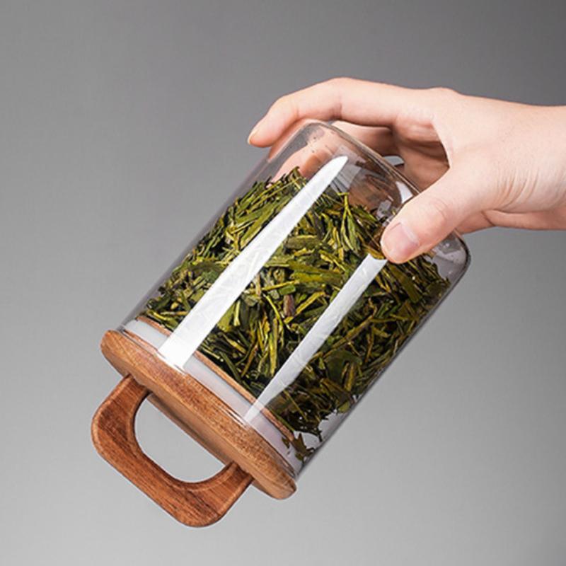 Průhledná skleněná dóza s bambusovým víčkem, vzduchotěsná nádoba na uskladnění potravin pro sypaný čaj, kávová zrna, cukr, sůl, kuchyňské pomůcky