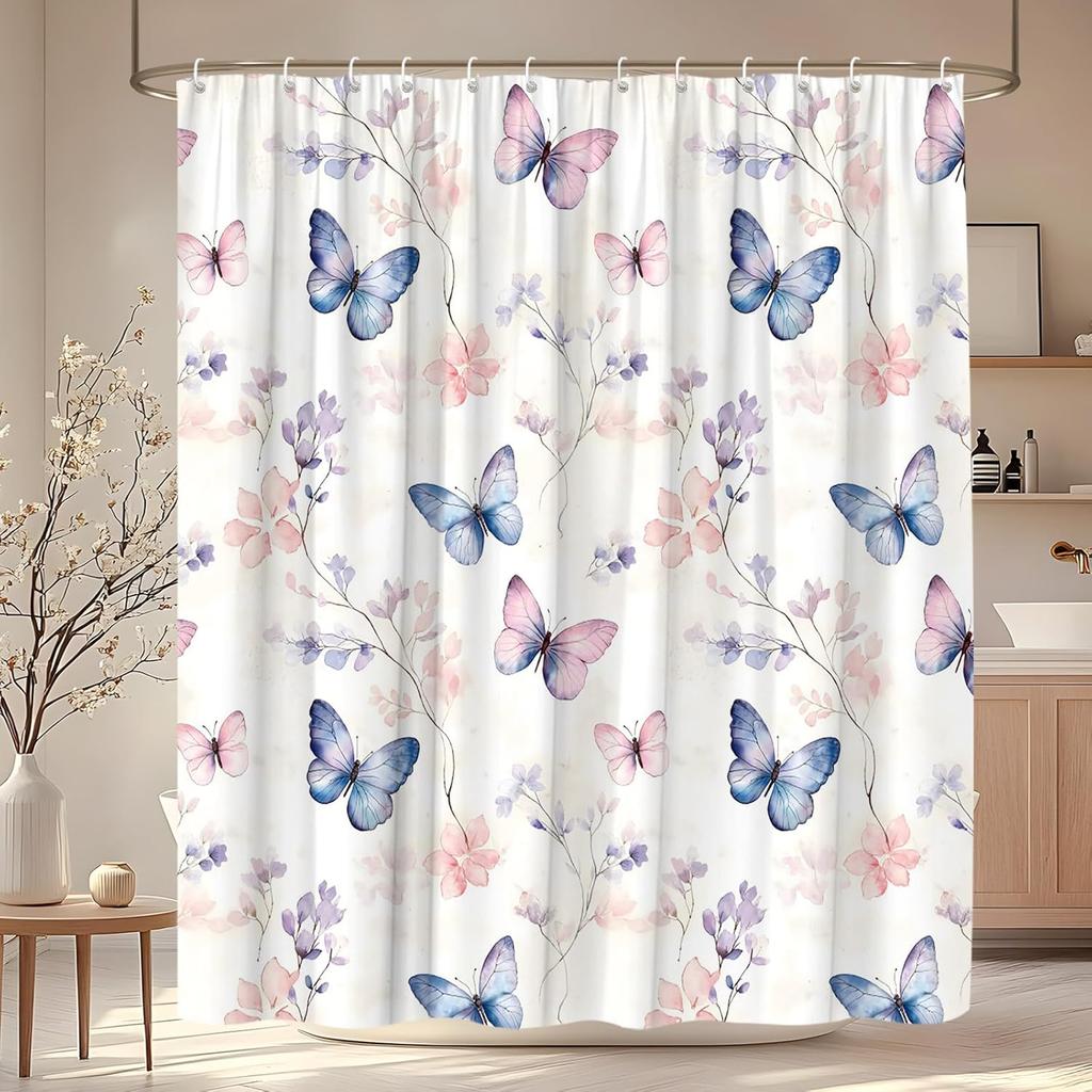 Tenda da Doccia Farfalla Acquerello Foglie Floreali Animali Selvatici Rustico Estetica Fiori di Campo Decorazione Bagno Donna Bambina Poliestere