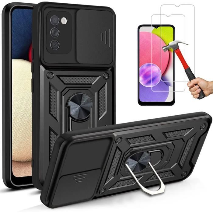Protection Pack - Samsung - A02S - 2 Tempered Glasses - Army Case - Shockproof Black