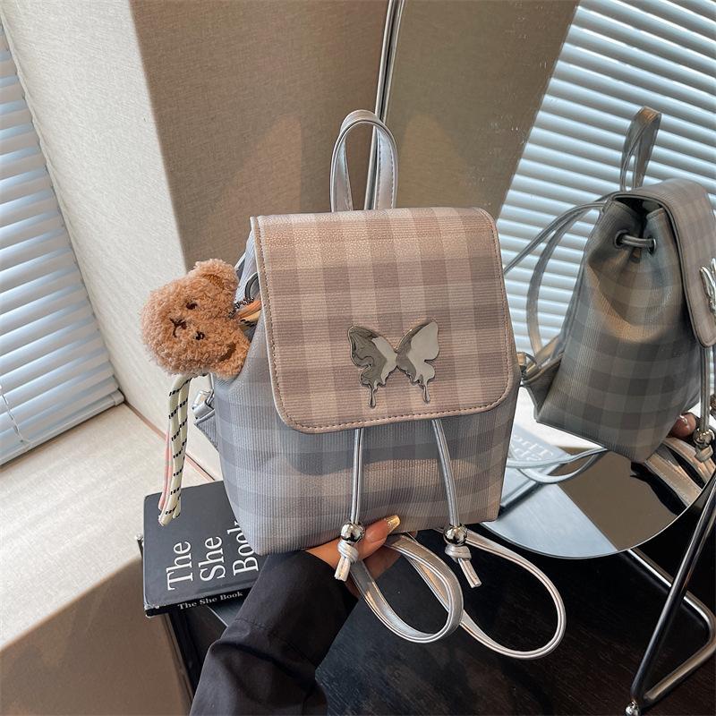 College Plaid Backpack Women's Casual Niche Design Butterfly Backpack Premium Handbag