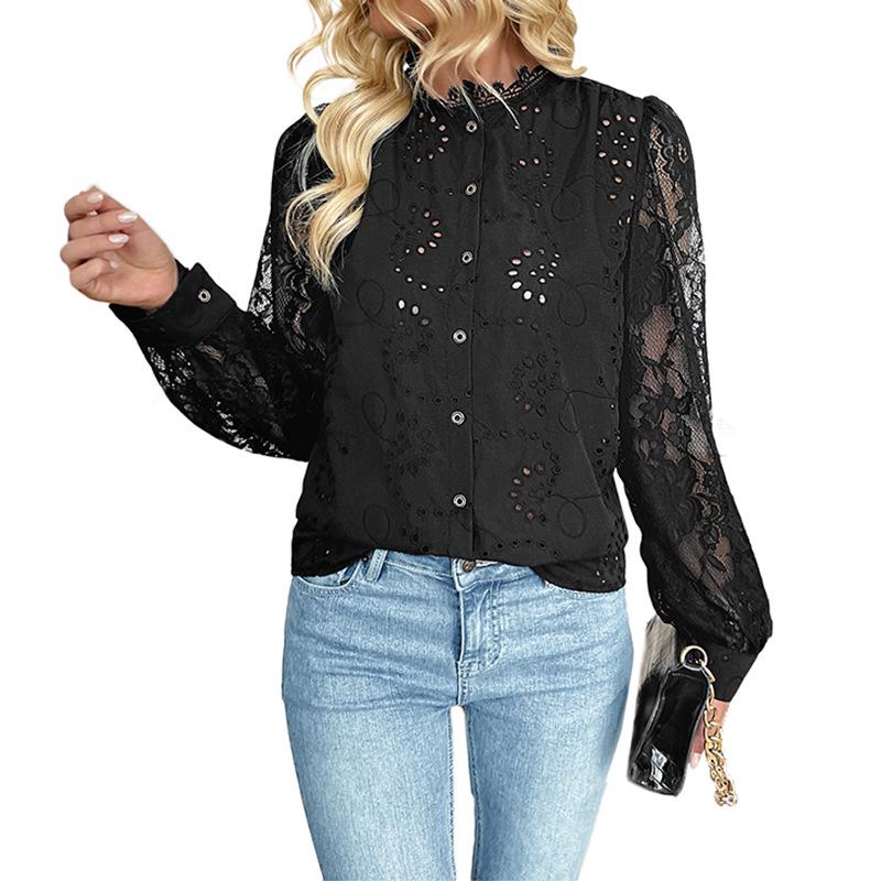 Elegant Black Lace Stand Collar Long Sleeve Shirt - Spring/Autumn 2025 Collection