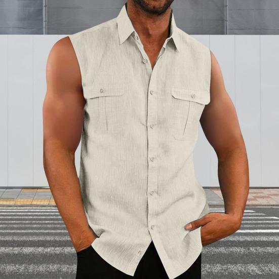Men Summer Top Sleeveless Solid Color Single-breasted Patch Pockets Mid Length Match Pants Cardigan Lapel Men Summer Vest Men Clothes
