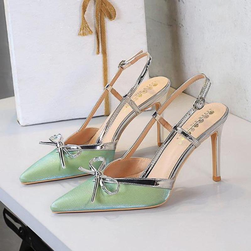 Silk Satin Butterfly Knot Pointed Toe Back One-Strap Sandals High Heels 9CM Elegant Sexy Rubber Sole Shoes Sandalias De Mujer