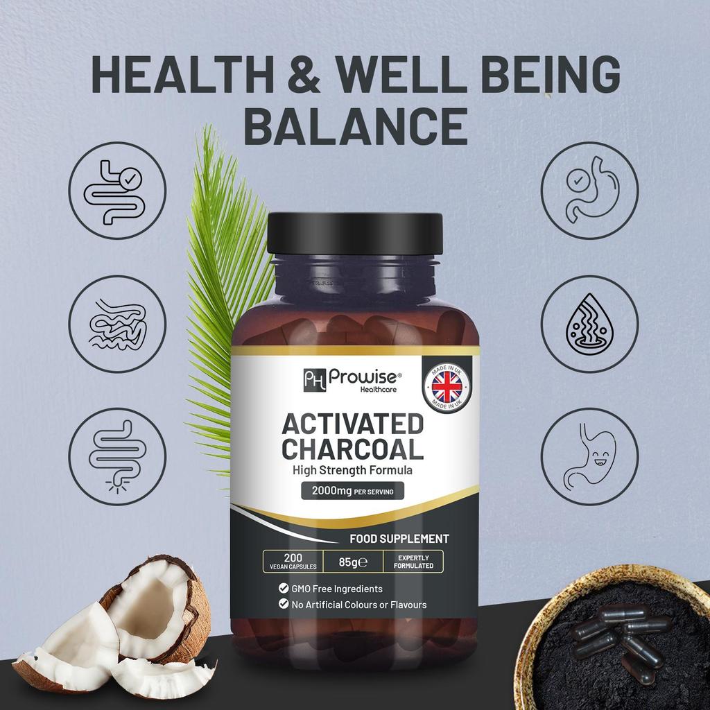 Activated Charcoal Capsules - 200 High Strength Vegan Capsules- 2000mg Per Serving I Made In the UK by Prowise Healthcare