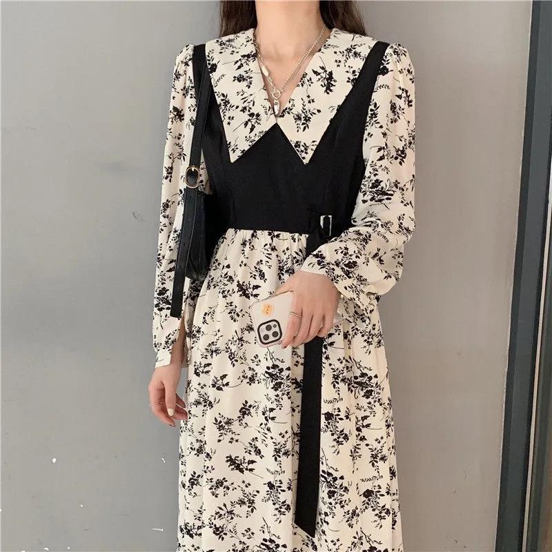 Robe Manches Longues Rétro Patchwork Floral Grande Taille - Amincissante, Masque les Imperfections, Aspect Deux-Pièces.
