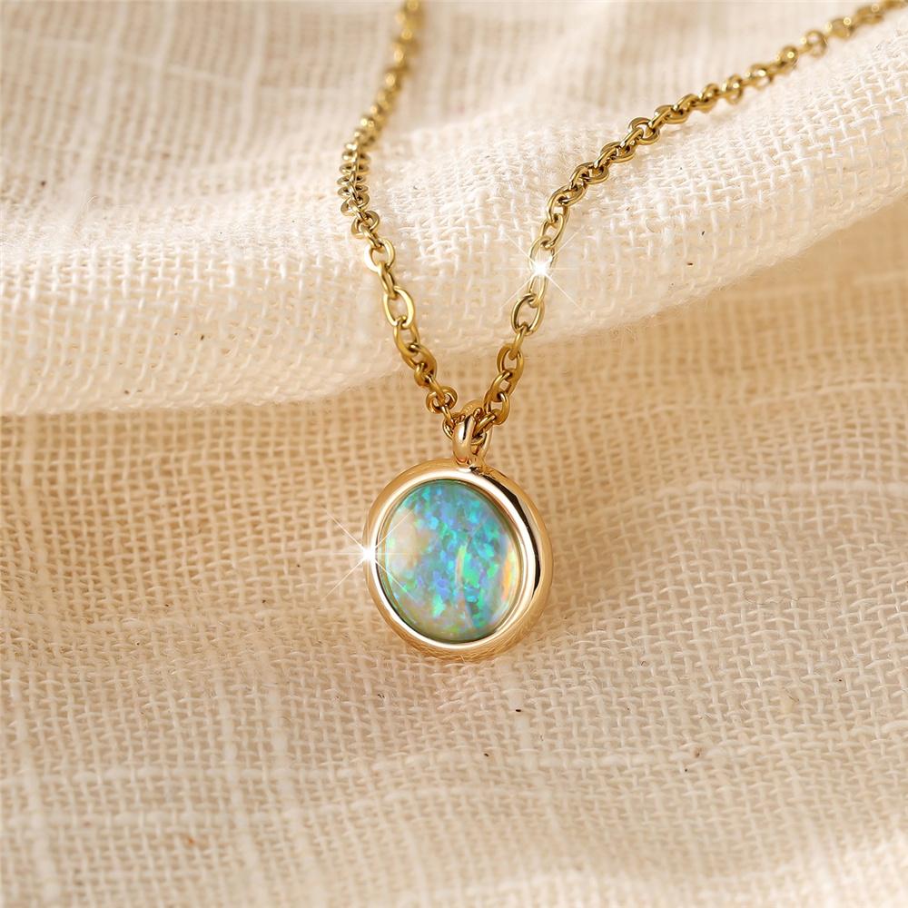 Luxury Female Blue White Opal Round Stone Pendant Necklace Vintage Gold Color Wedding Jewelry For Women