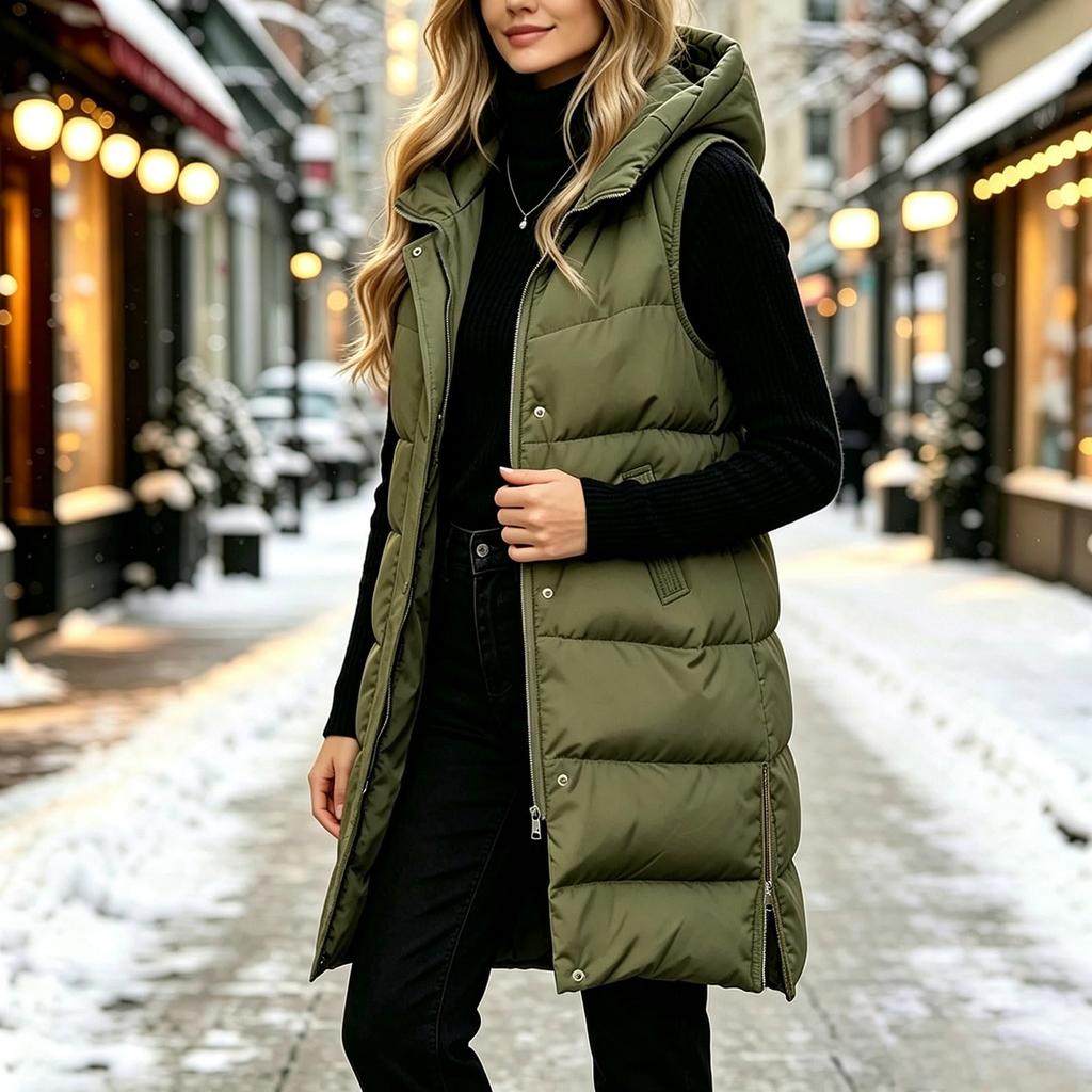 Women's Casual Hooded Cotton-Padded Vest Jacket Sleeveless Outerwear for Fall and Winter