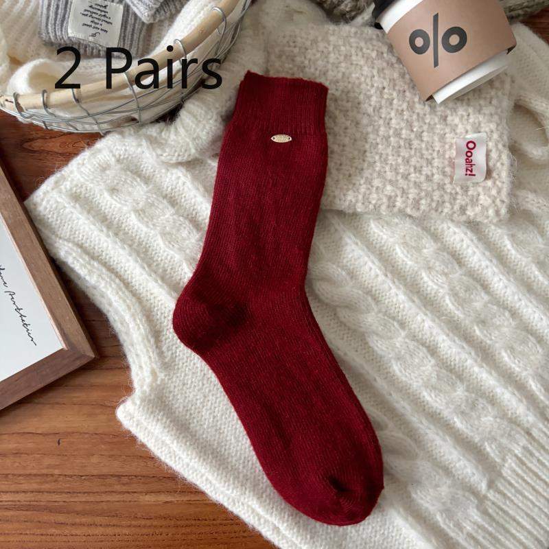 2 Pairs Golden Knot New Year Red Socks - Thick and Warm Wool Stockings for Autumn/Winter, Lucky Red Mid-Calf Socks