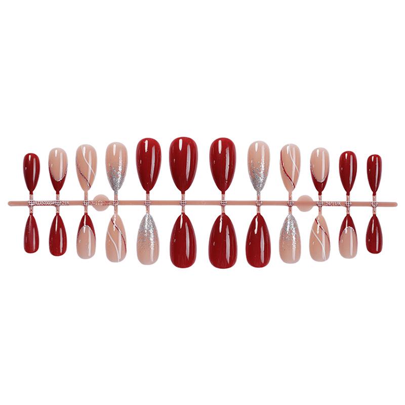 Wearable Almond Nail Tips: Silver Powder French Gradient Red False Nail Art Pieces (Removable)