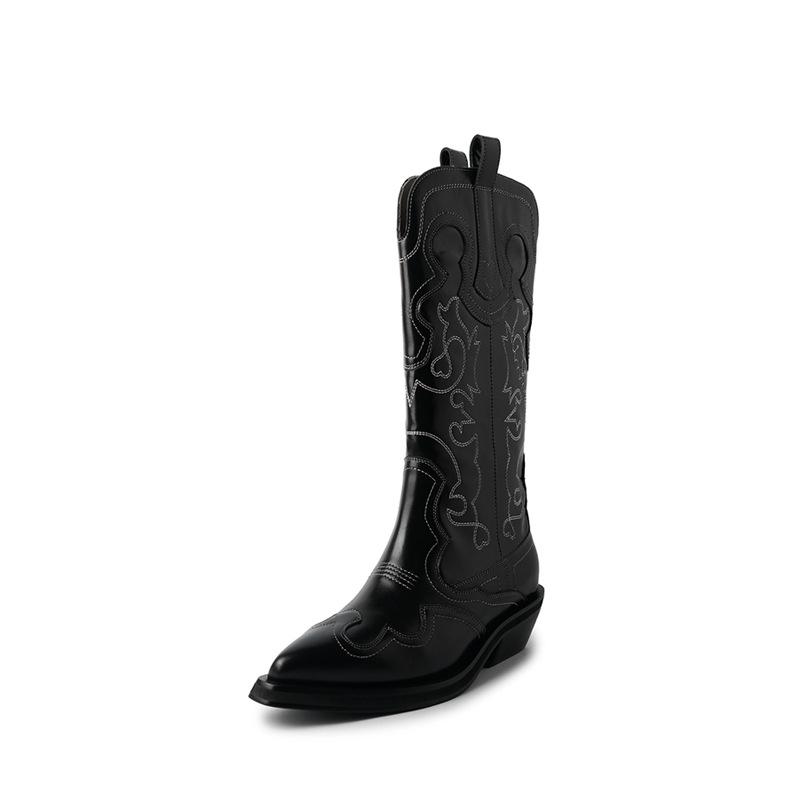 French Black & White V-Neck Embroidered Cowboy Boots, Mi Jie Style, Medium-High Tube, European & American Women's Short Boots