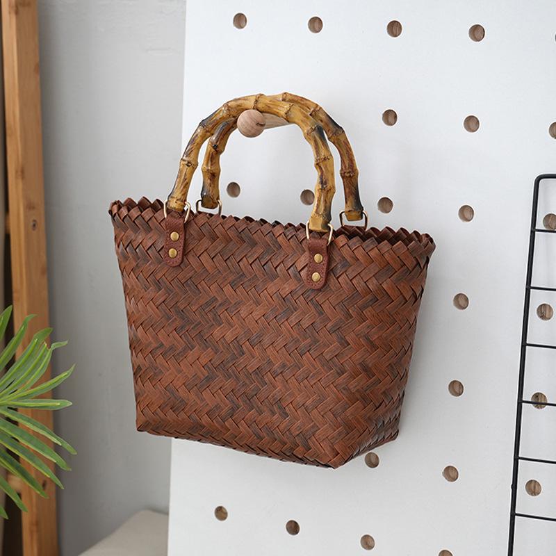 Women's Bamboo Handle Woven Beach Tote Bag
