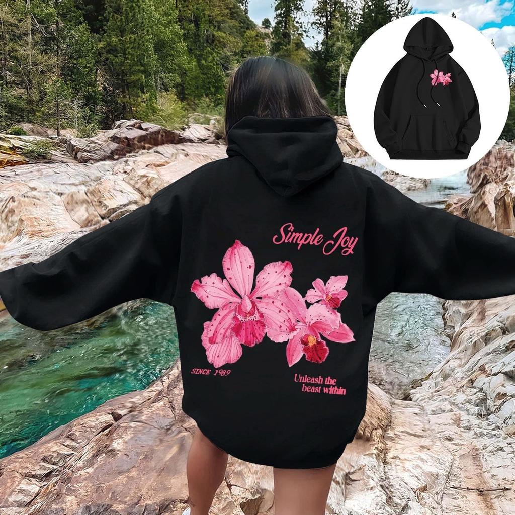 Dame Moteable Løstsittende Casual Langermet Hettegenser med Trykk