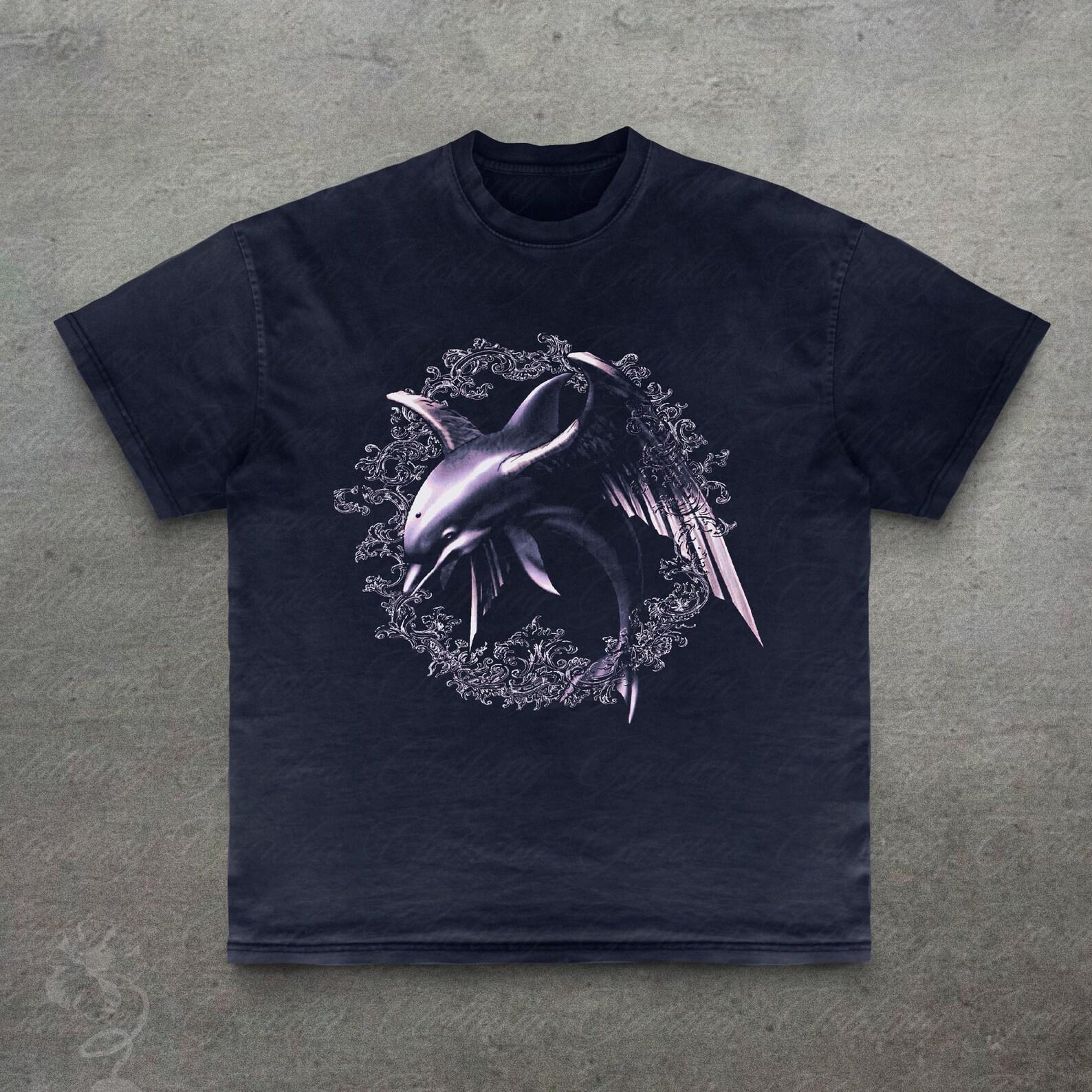 Retro Dolphin Graphic Tee, Dark Art Ocean T-Shirt for Men Women, Vintage Style 90s Graphic Tee, Gothic Alt Girl Shirts, Y2K Streetwear tee L
