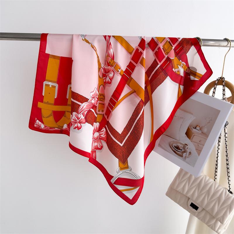 

Fashion Equestrian Printed Silk Scarf Square Scarf Premium Shawl Versatile Neck Small Square Scarf Headscarf Ladies Scarf unilateral 66-70CM