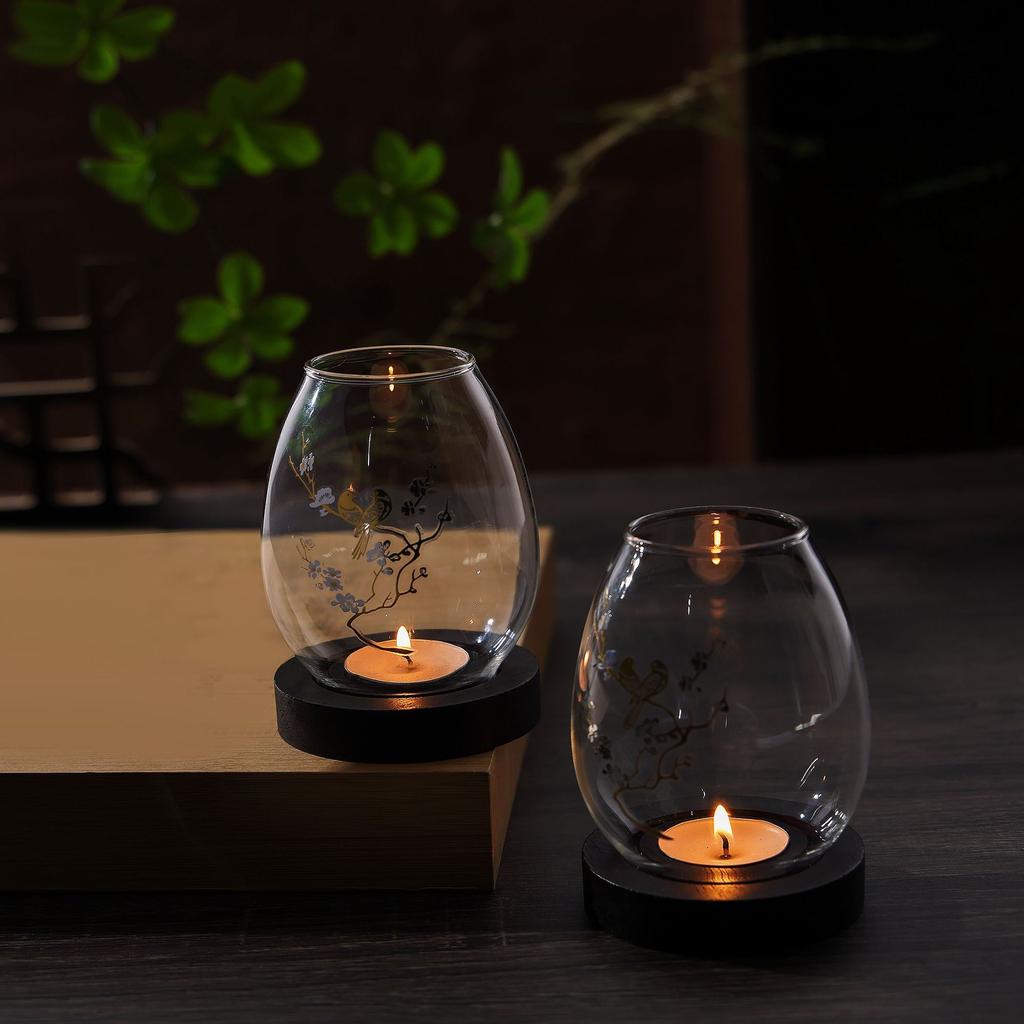 Evropský Retro Styl Průhledný Skleněný Svícen Dřevěný Podstavec Domácí Větruodolný Šálek na Svíčku Zrcadlový Stolík Ložnice Obývací Pokoj Dekorace
