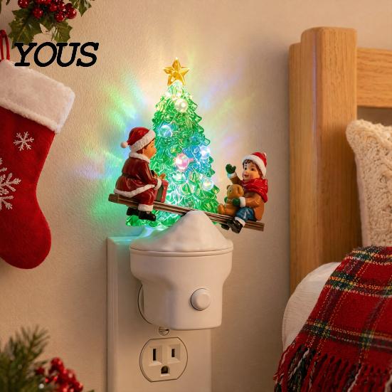 Plug-in Night Light for Bedroom Christmas LED Light, Resin Glowing Tree Lamp with Kids Reindeer Modern Relief Texture Seesaw Design, Wall Decor
