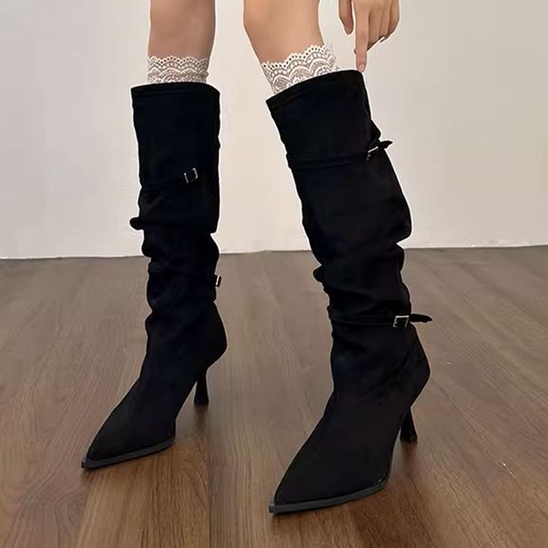 High Heels Women's High Boots Sexy Heeled Pointed Toe Shoes  Fashion Winter Suede Chelsea Boots Pumps New Mujer De Botas