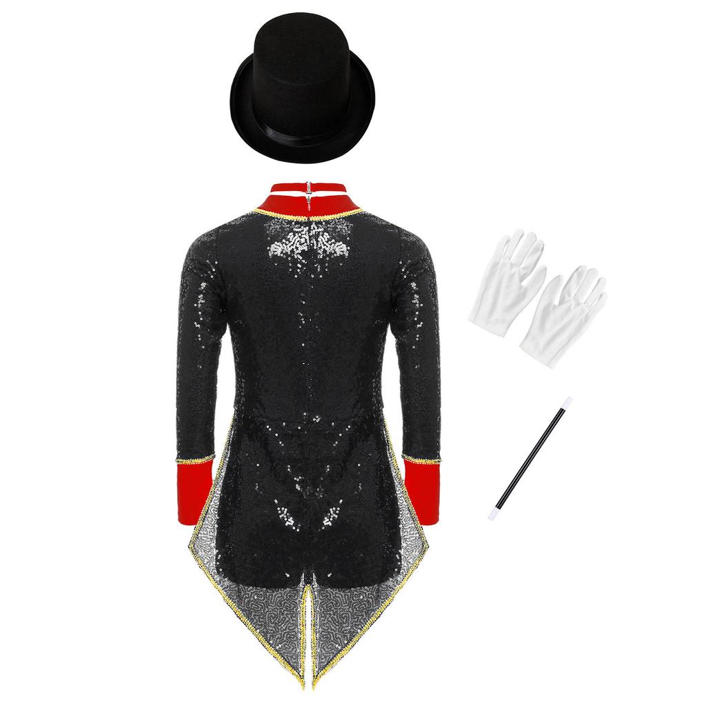 Complete Kids Magician Halloween Costume Set: Sequin Checkerboard Tailcoat Bodysuit with Hat, Bow Tie, Gloves & Magic Wand