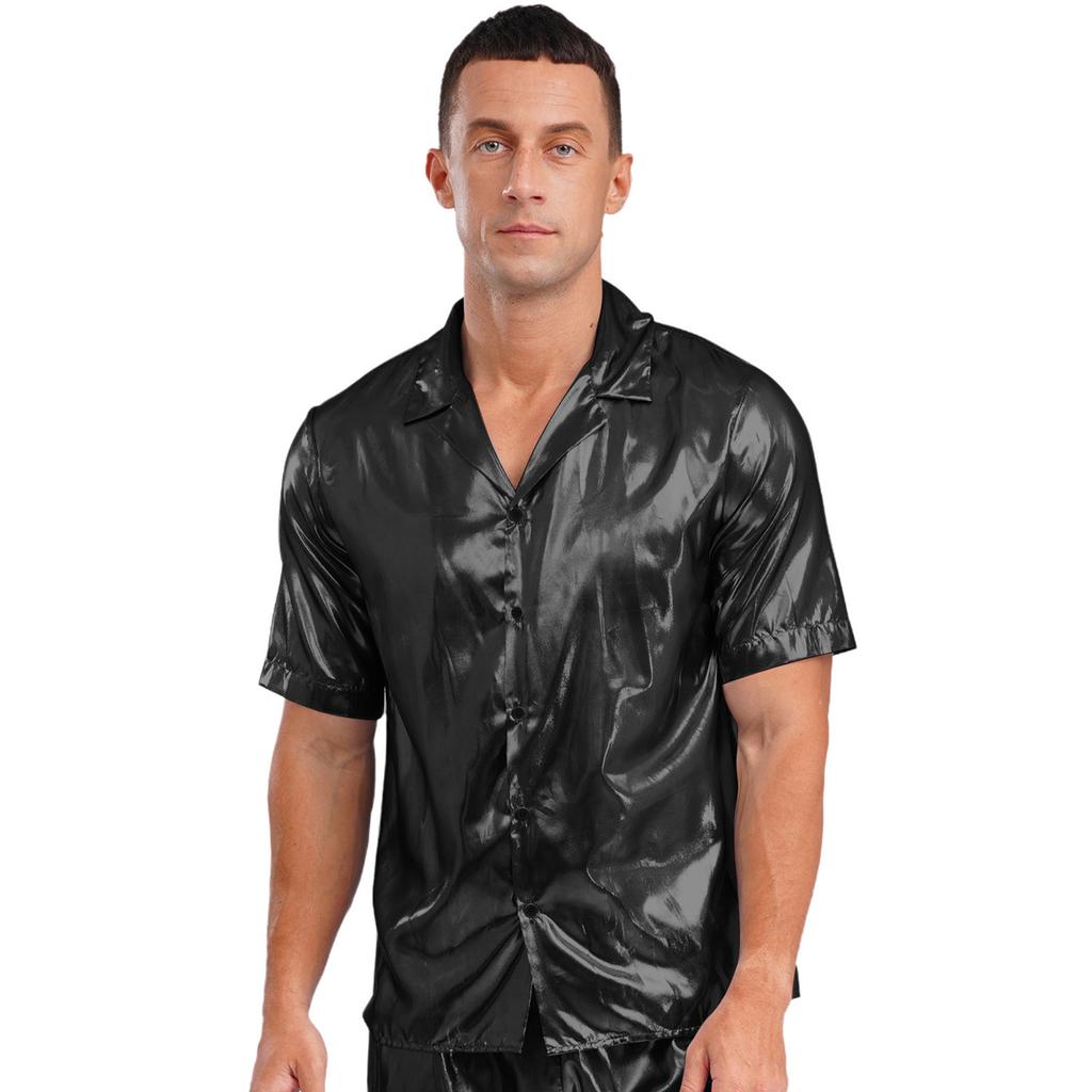 Mens See Through Shirt Turn Down Collar Short Sleeve Water Ripple Shine Beachwear Clubwear Top