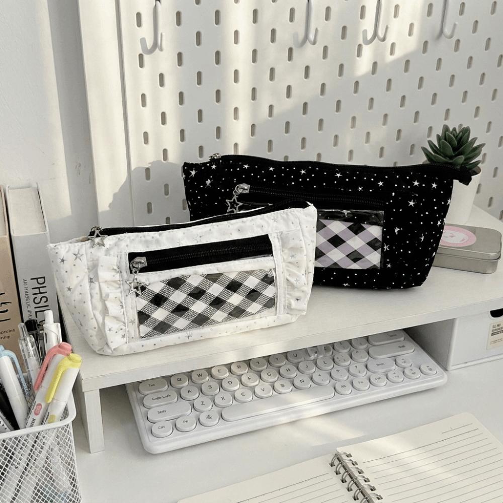 Large Capacity Star Checkered Pattern Pen Bag Lace Trim Stationery Organizer Pencil Pouch Students