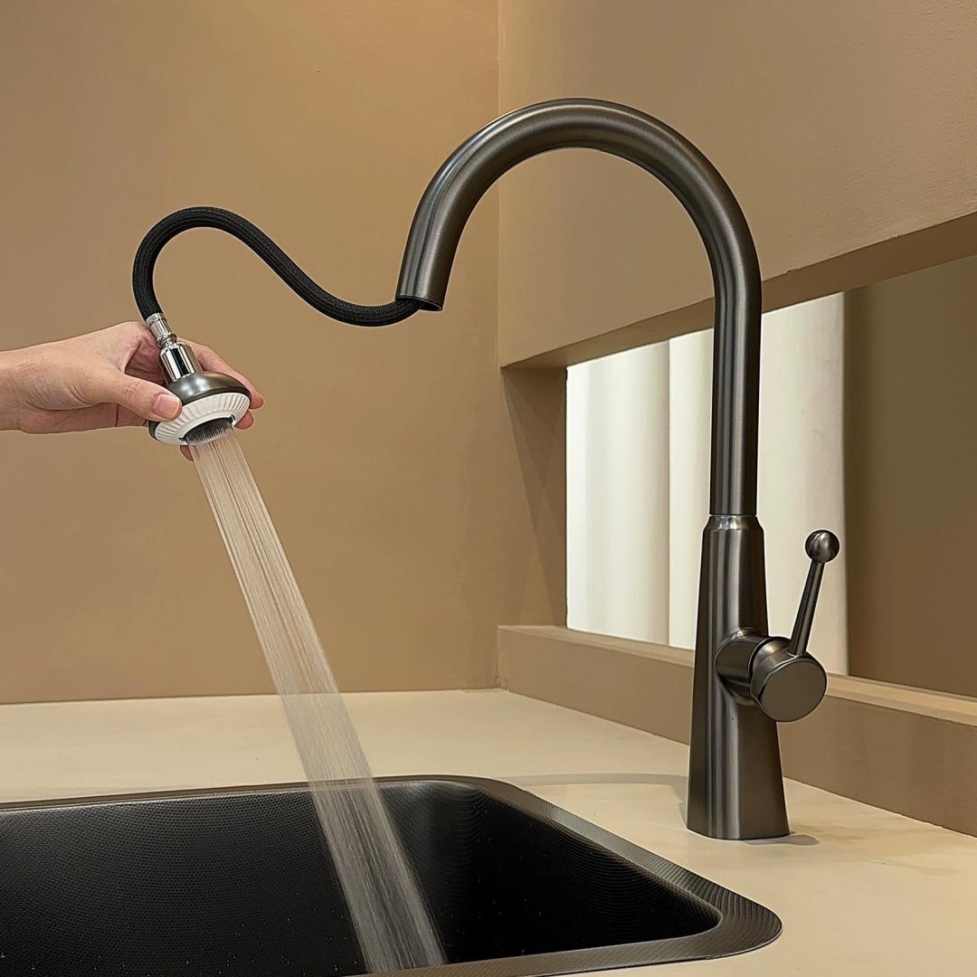 

Tuqiu Grey Pull Out Kitchen Faucets Brass Chrome Sink Faucets Brass Sink Tap Rotating Spout Mixers Tap Hot Cold Water Crane сірий