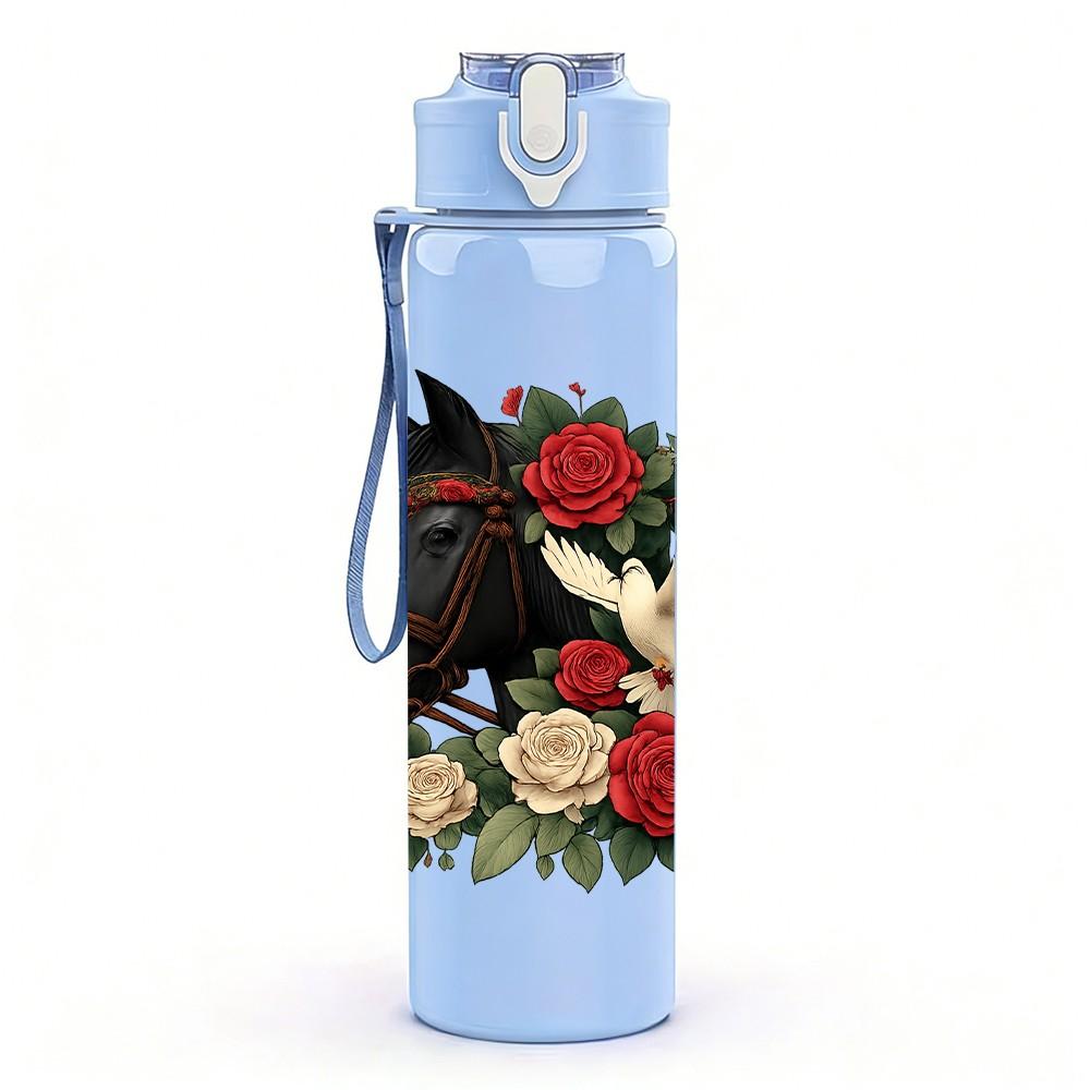 1PC Rose Black Horse Pattern 750ml Color Plastic Sports Water Bottle Leakproof Flip Straw Lid Suitable for Sports Office Home Use