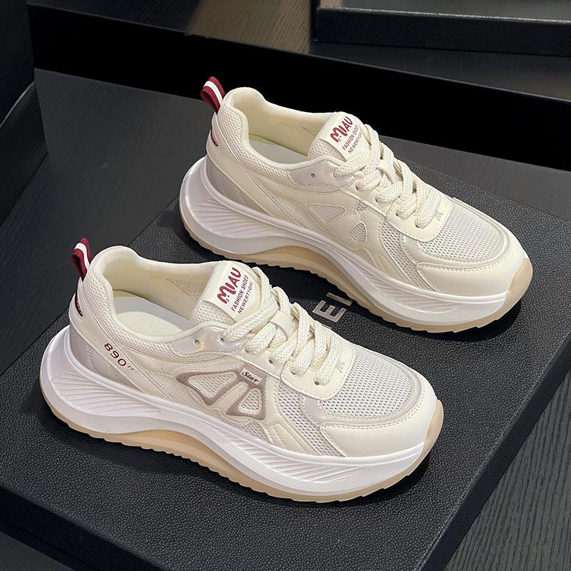 Leather dad shoes women's summer new fried street sports and leisure shoes thick sole heightening single net breathable running shoes