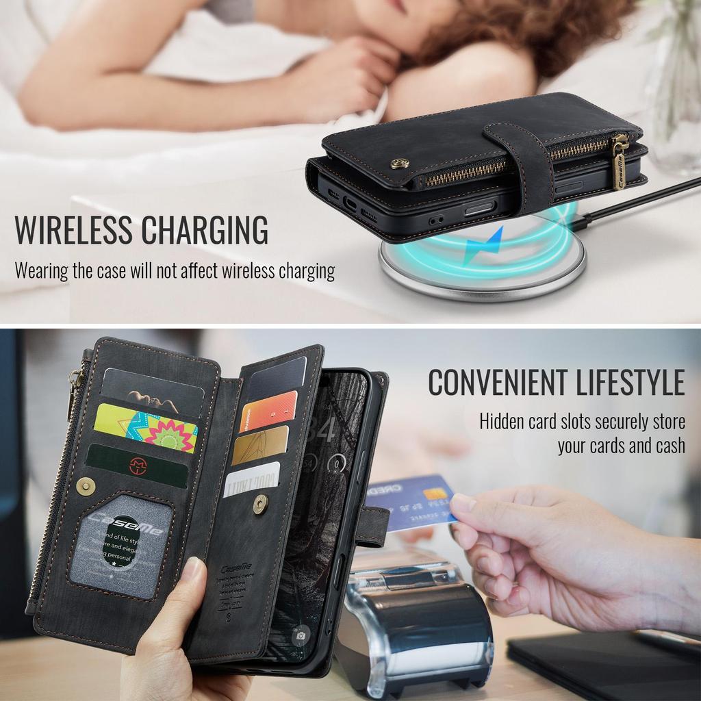 CaseMe-C30 Luksusowe Premium Etui Portfel ze Skóry PU Dla iPhone17 16 15 14 13 Pro Max Wielofunkcyjne Etui z Zamkiem Błyskawicznym na Karty Osłony Ochronne Skórki+Pasek