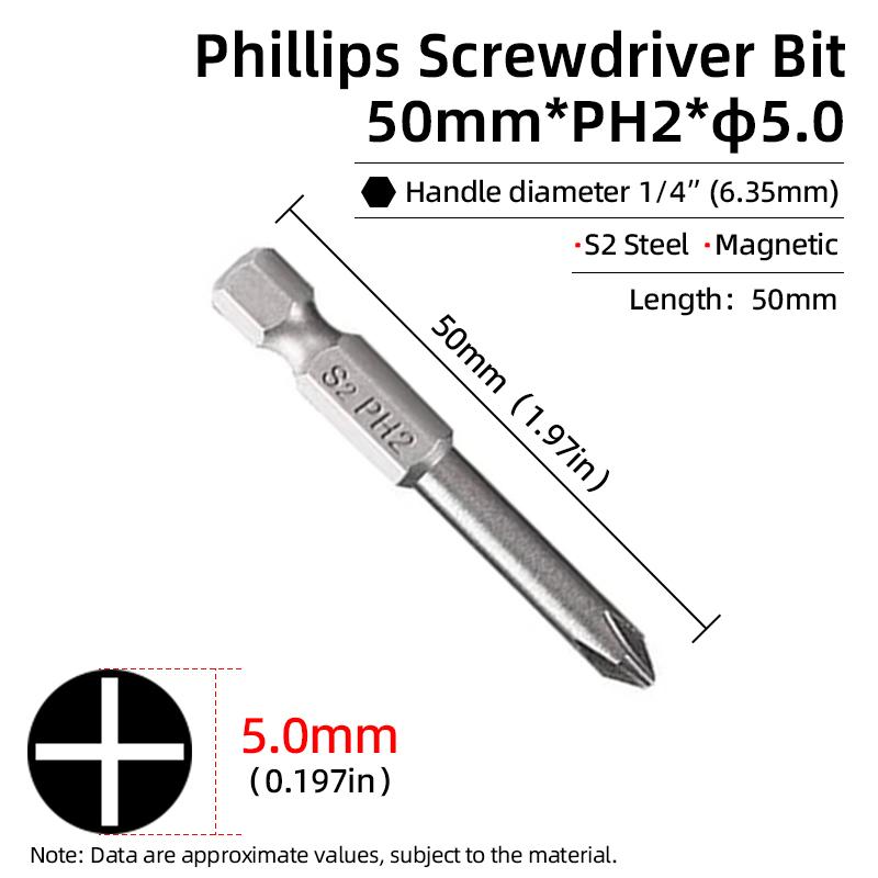 50mm Phillips Screwdriver Bit PH00/PH0/PH1/PH2 1/4” Hex Shank Magnetic S2 Steel Cross Head Screw Driver Bits Hand Power Tools