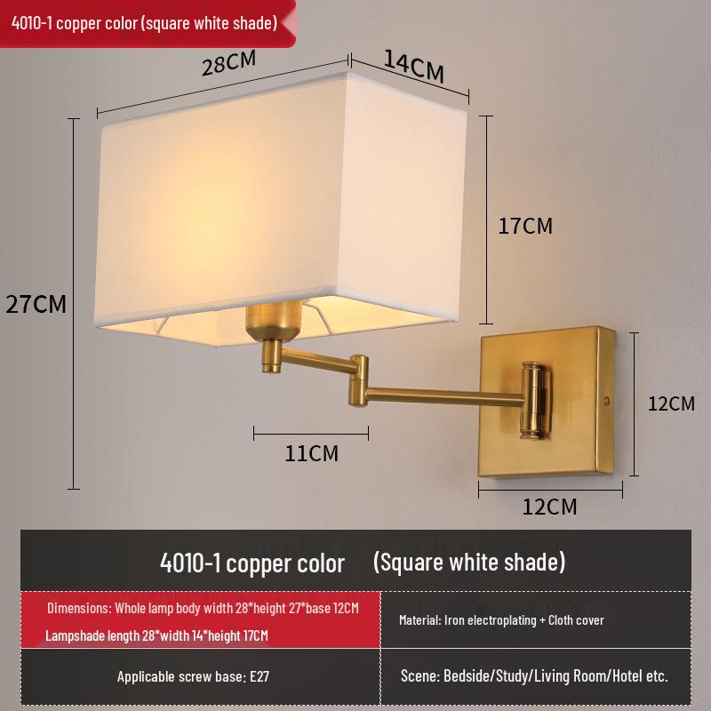 Modern LED Swing Arm Wall Light with Fabric Shade for Bedroom, Study, or Living Room.