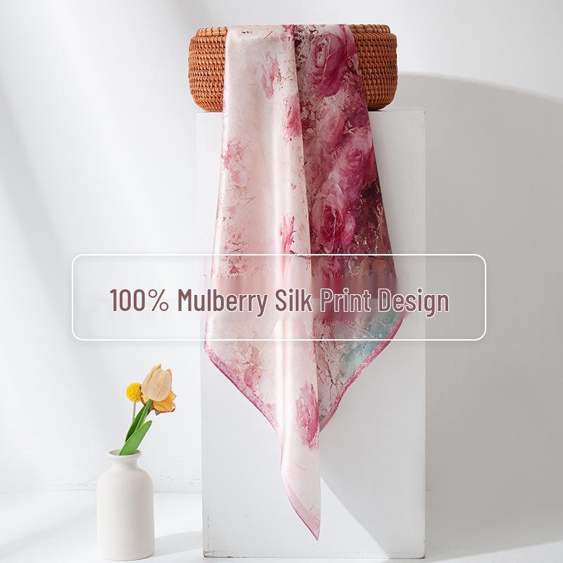 Elegant Pink Rose Mulberry Silk Scarf - Luxury Gift for Mom: Light, Decorative Neckerchief Snood