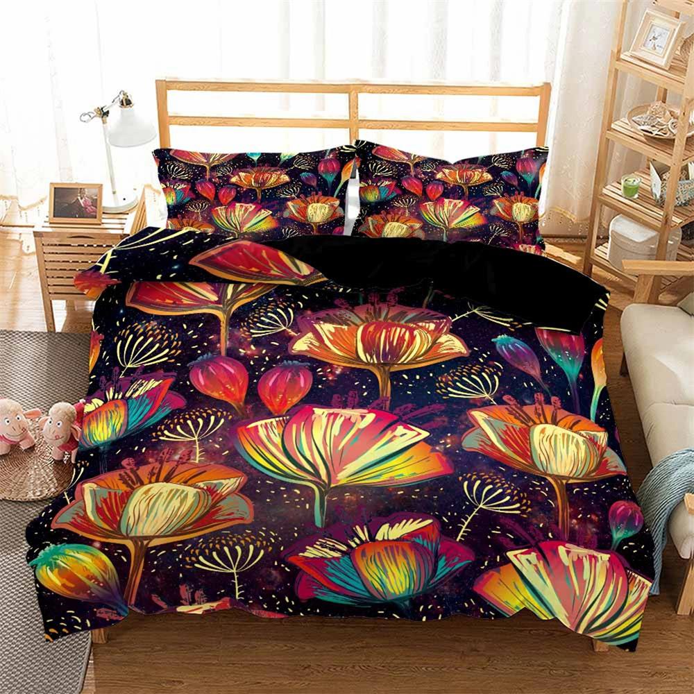 Flowers Queen Bedding Set 3D Print Singlesided Printed Comforter Plant Leaves Romantic and Warm Duvet Bedding Cover For Girls