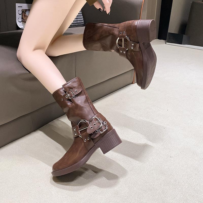 2025 braune Lederstiefel Britischer Stil dicker Absatz Retro Martin Stiefel Damen Sommer Frühling und Herbst Ritterstiefel Cowboy Western neu