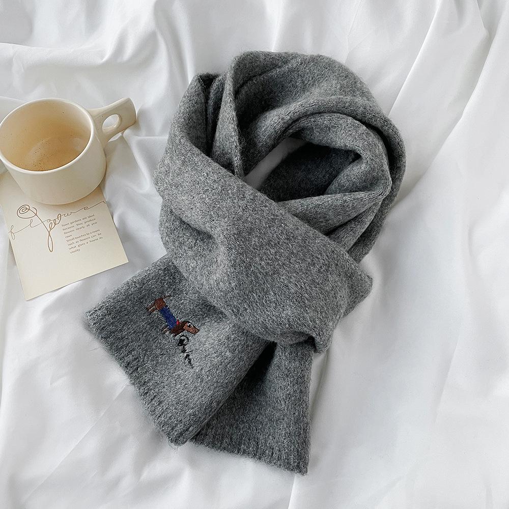 Winter knitted wool small scarf women's new high-end dog embroidery simple matching scarf