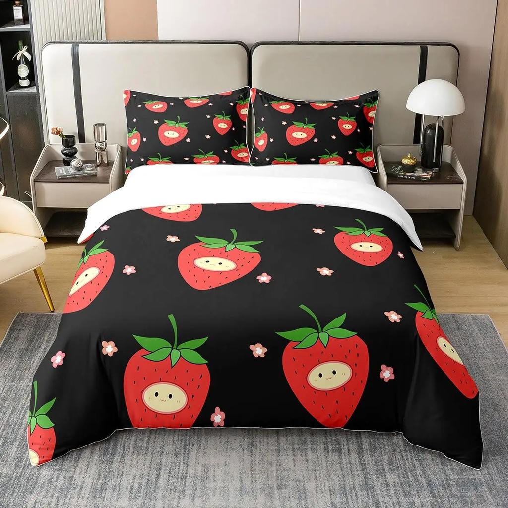 Sweet Strawberry Bedding Set Duvet Cover for Kids Children Teens Comforter Cover Bed Room Decor Pink Quilt Cover 3Pcs Full Size