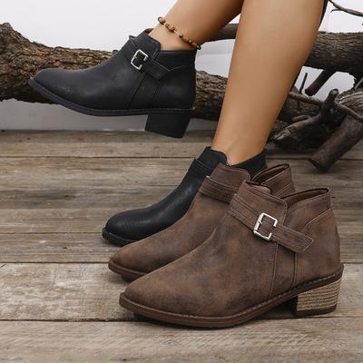 Damen spitz zulaufende klobige Absatz-Martin-Stiefel, Knöchelhohe Stiefel mit Seitenreißverschluss, Übergrößen Herbst Winter Schuhe