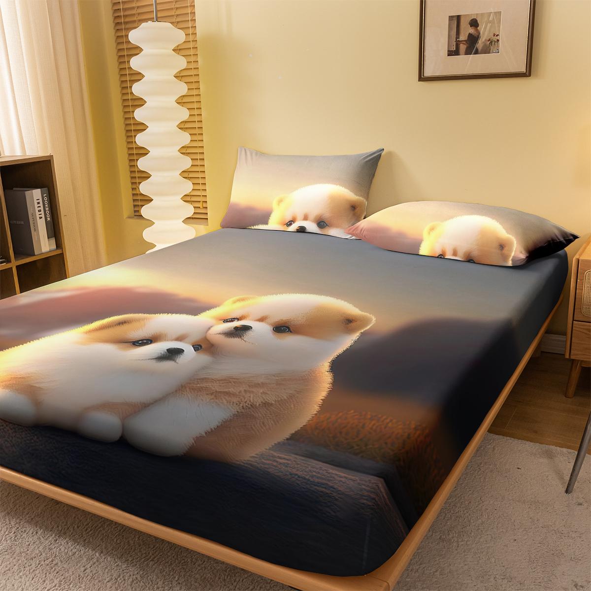 

1 Cartoon Cute Animal Dog Digital Printed Frosted Fitted Sheet,bedroom Printed Bed Cover,bedding(No Pillowcase) 71x132cm