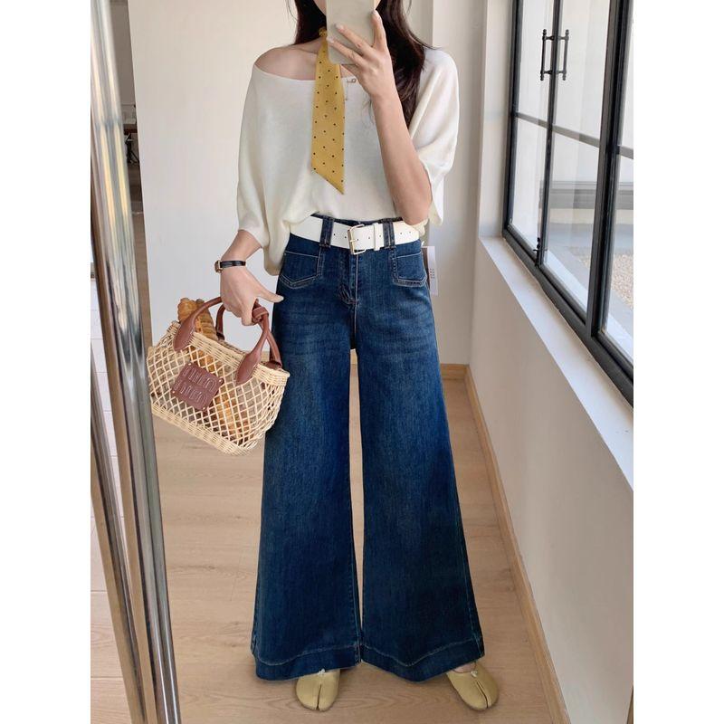 Kumikumi American vintage White High Waist Drape Jeans Women clothes Autumn All-Match Loose Slimming Wide Leg Pants