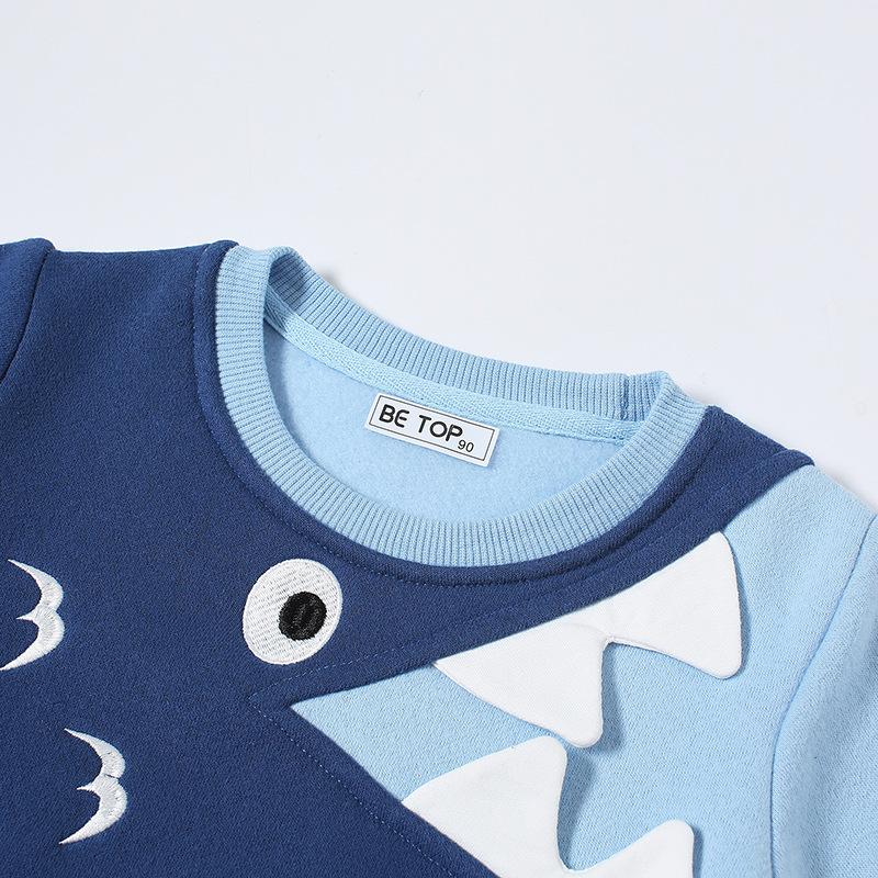 Winter Boys Long Sleeve Sweatshirts Velvet Cute Cartoon Shark Embroidery Soft  Cotton Baby Children's Pullover Clothes