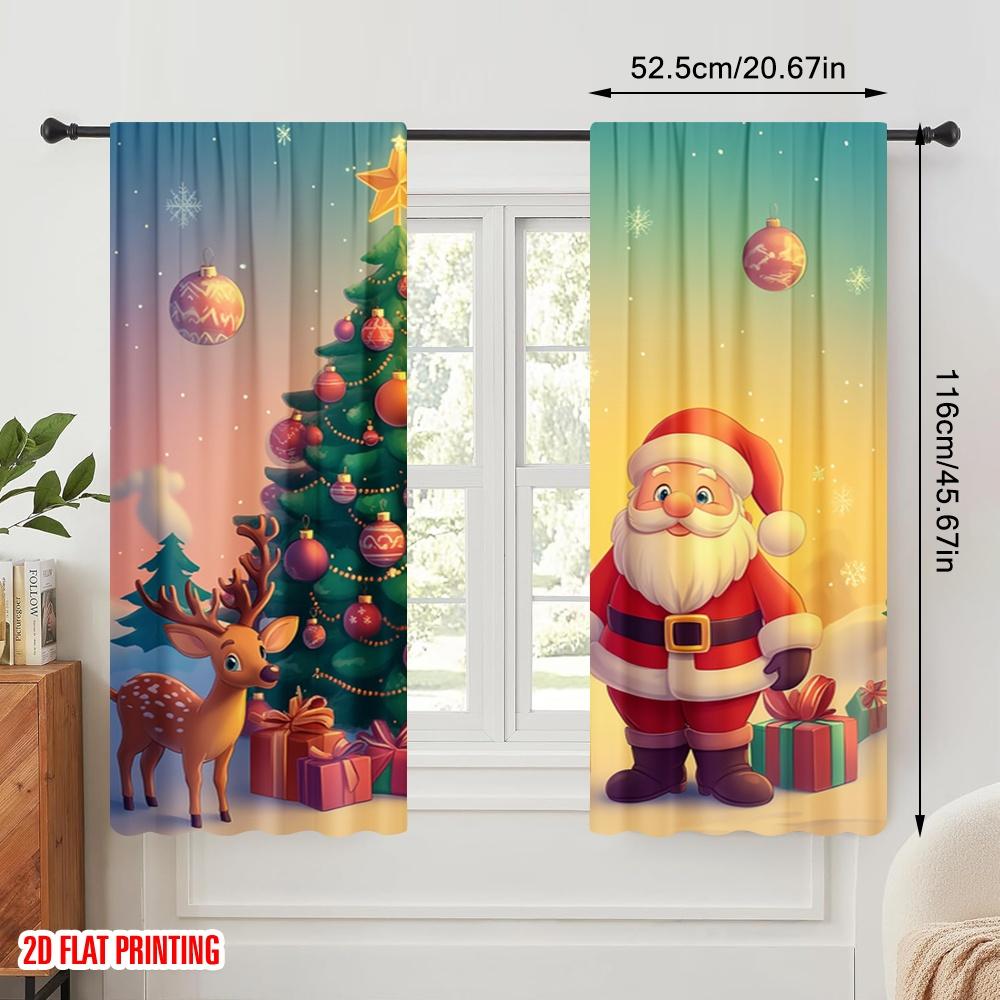 Set Of 2 Plane Printing Popular Curtains Cute Santa Christmas Tree Gifts Durable Polyester Fabric Without Rod Curtain Made