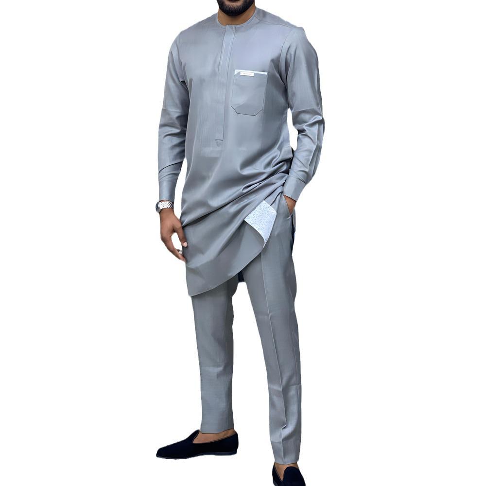 Men's 2-Piece Wedding Suit: Solid Color, Round Neck, Long Sleeve, African Ethnic Style