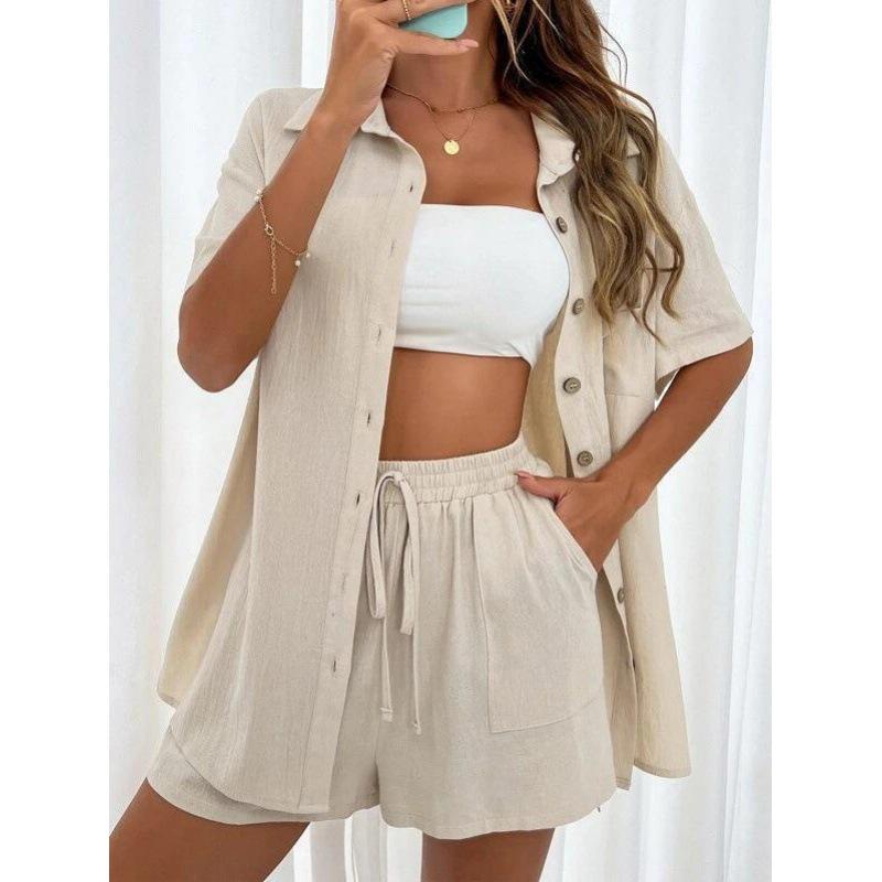 Women's Casual Solid Color Two-Piece Set: Short-Sleeved Shirt & Loose Shorts