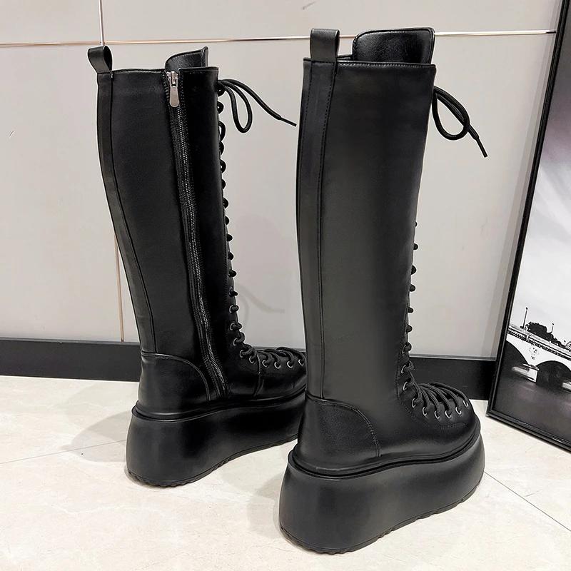 Side Zipper 8 Cm Platform Women Boots Knee High Motorcycle Boots Black Lace Up Long Boots Suede Leather Autumn Winter Shoes