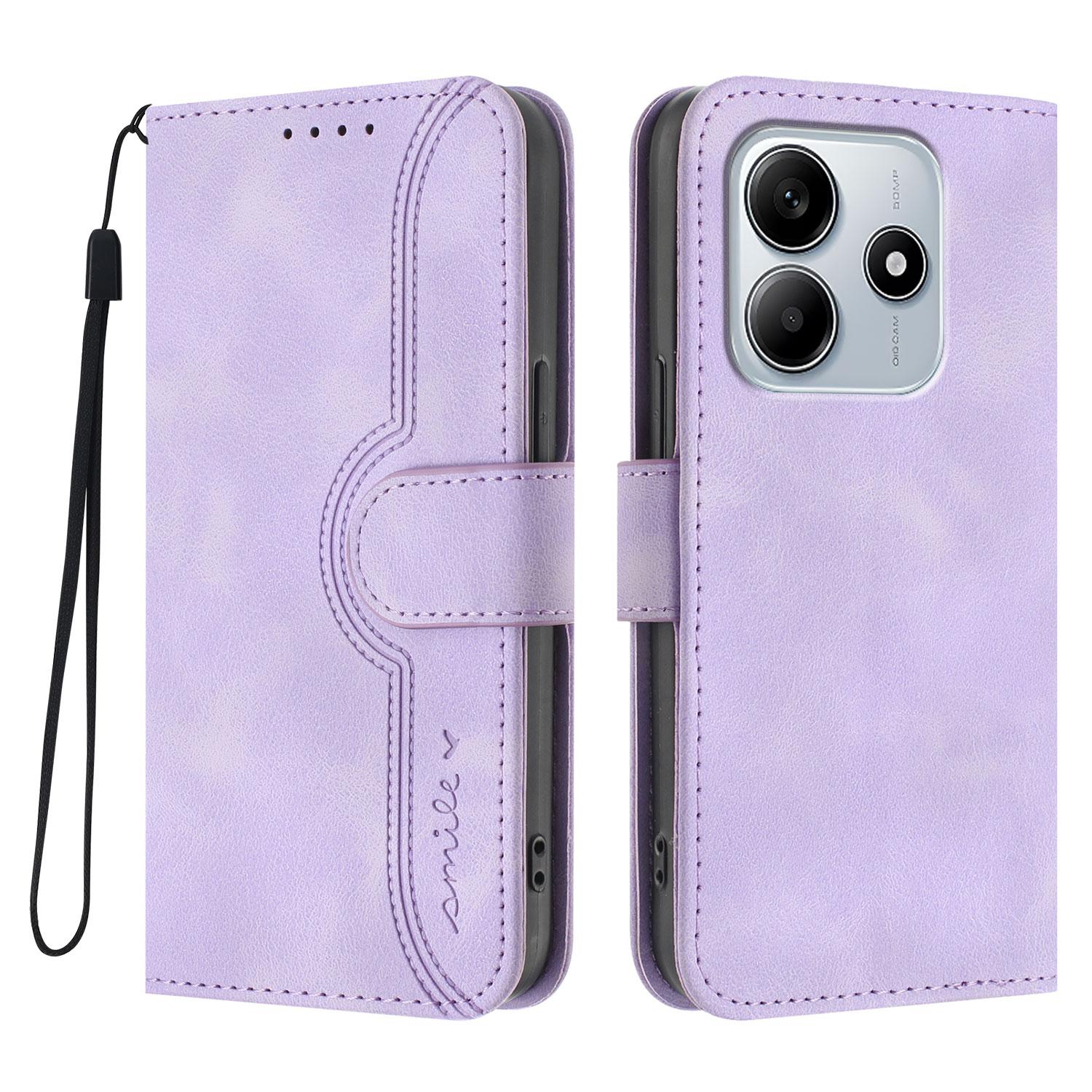 

For Xiaomi Redmi Note 14 5G Leather Case Wallet Stand Smile Imprinted Phone Cover with Strap Purple