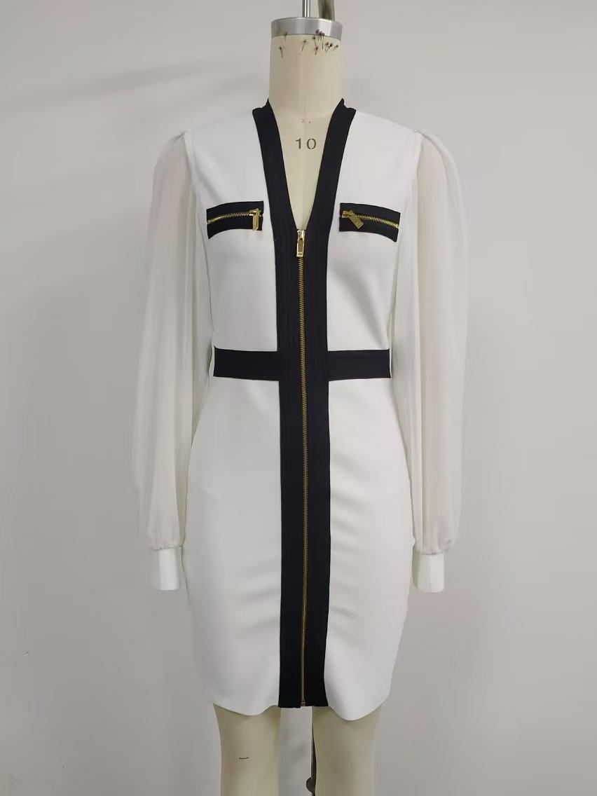 

Autumn Women s Black & White Colorblock Chiffon Sleeve Elegant Bandage Dress Medium белый