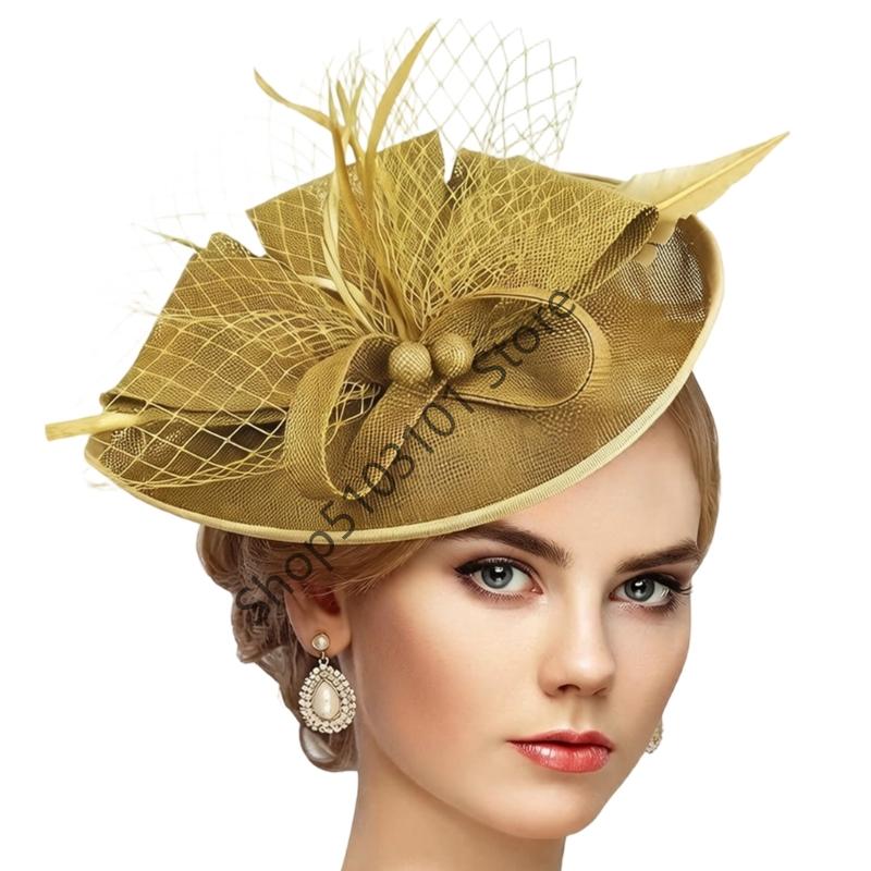 Vintage Exquisite Feathers Fascinator Hat Bowknot Elegant Tea Party Mesh Hair Band Sweet Hair Hoop Bride Headdress Dance Show