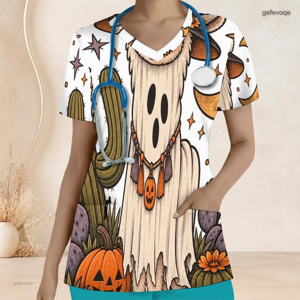 Women Plus Size Nurse Scrub Top V Neck Short Sleeve Halloween Fox Printed Front Pockets