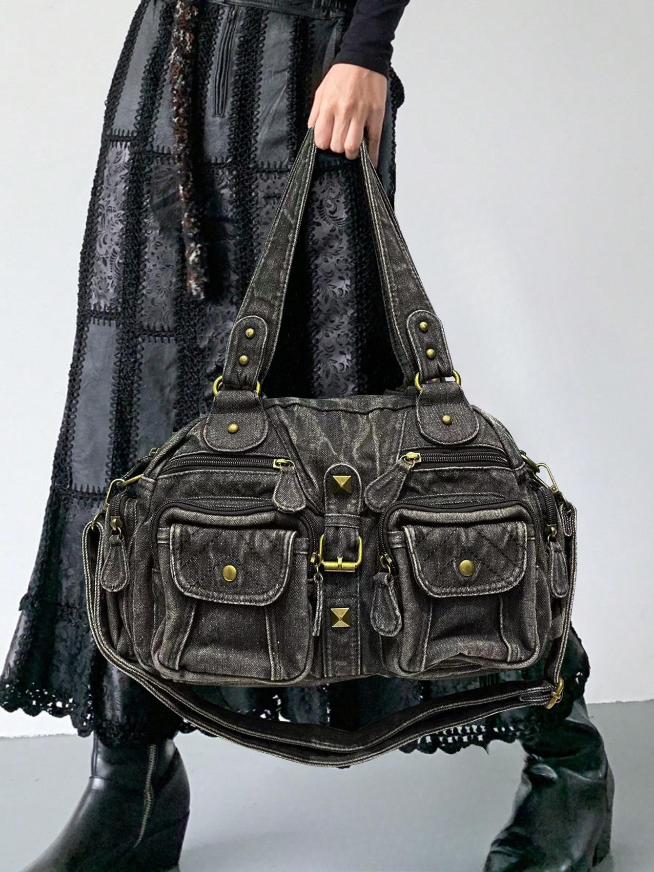 

Ladies Fashionable Washed Denim Tote Bag with Multiple Pockets, Vintage Diagonal Cross Bag чёрный