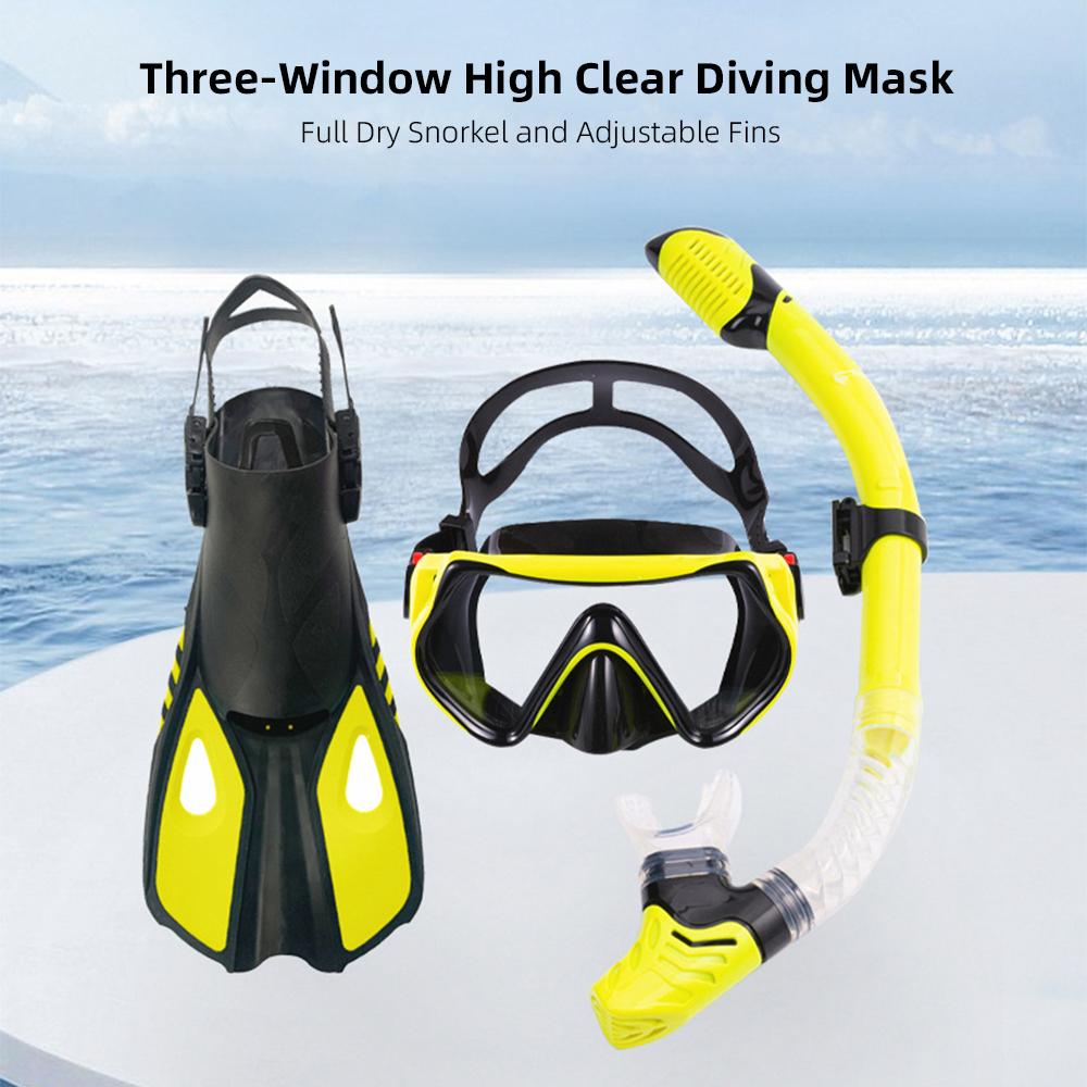 Diving Goggles Three-Window High Clear Diving Mask with Full Dry Snorkel and Adjustable Fins  for