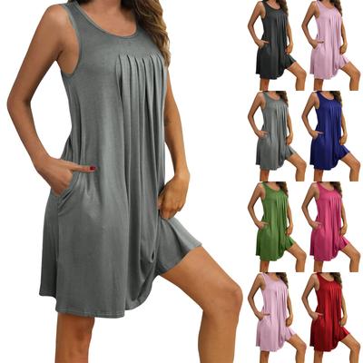 Damen Sommermode Lockeres Tankkleid Einfarbig Plissee Mit Taschen Freizeitkleider